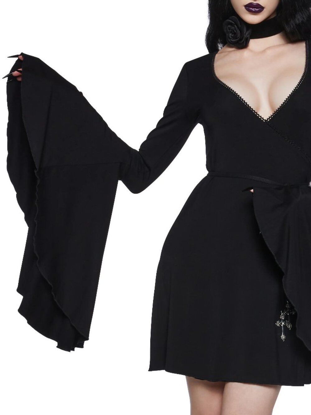 Widow Queen Of The Cursed Wrap Goth Bell Sleeve Belted Witchy Boho Dress - Picture 6 of 7